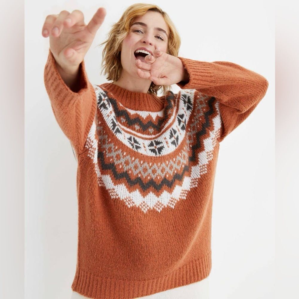 Aerie Fair Isle Knit Sweater Rust Orange Neutral Ivory Earth Cottagecore Large